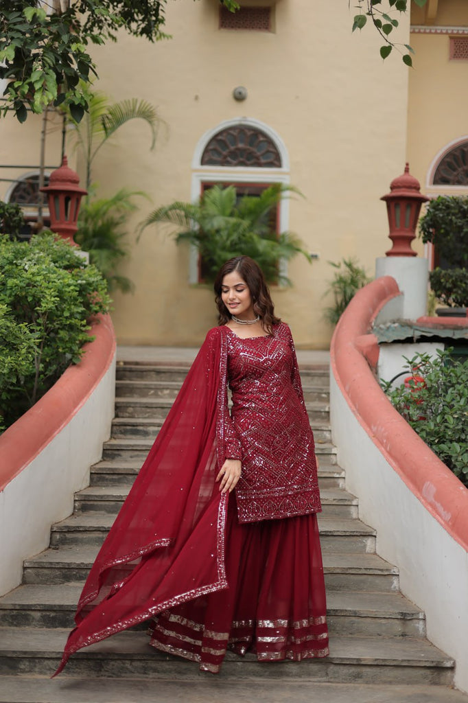 Maroon Premium Designer Readymade Sharara Suit with Dupatta - Elegant & Stylish Clothsvilla