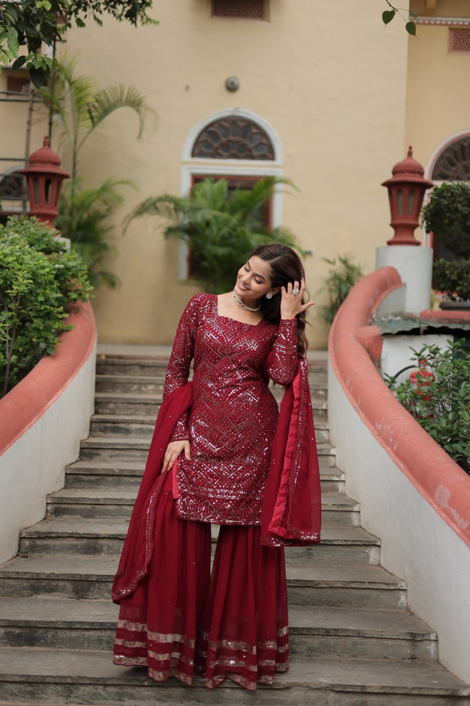 Maroon Premium Designer Readymade Sharara Suit with Dupatta - Elegant & Stylish Clothsvilla