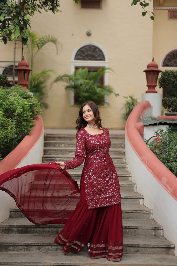 Maroon Premium Designer Readymade Sharara Suit with Dupatta - Elegant & Stylish Clothsvilla