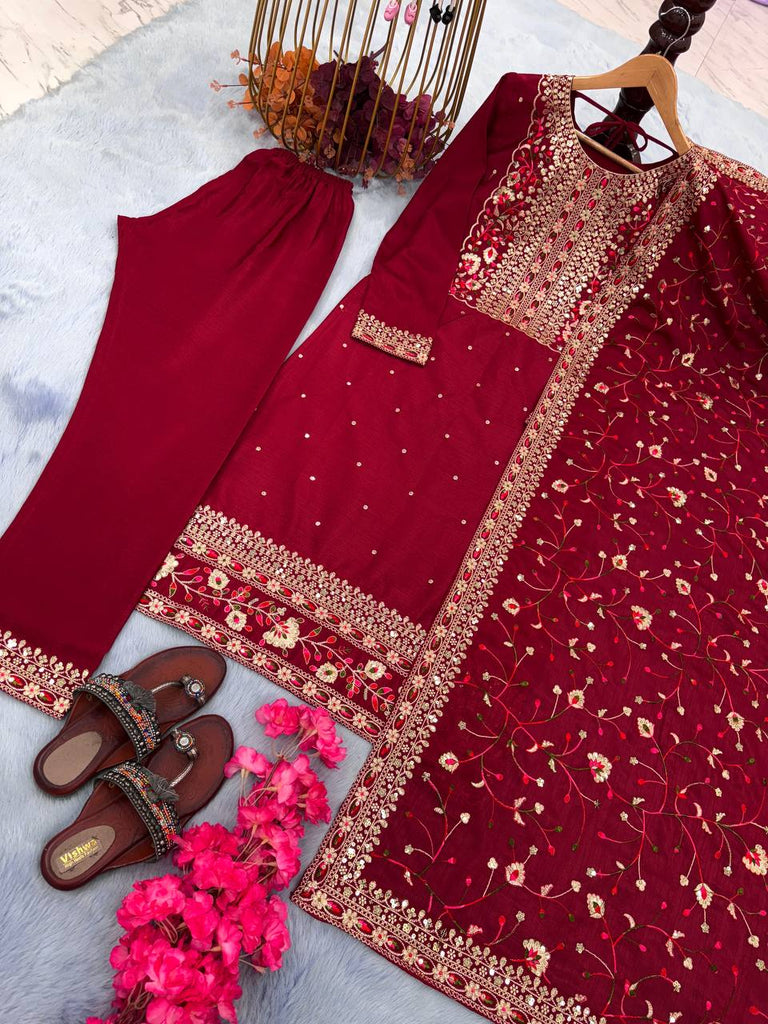 Maroon Premium Designer Readymade Suit Set Heavy Chinon Silk Clothsvilla