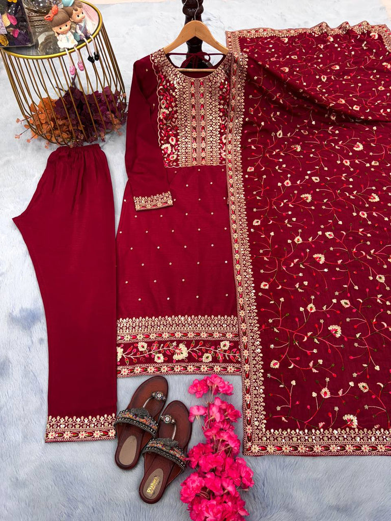 Maroon Premium Designer Readymade Suit Set Heavy Chinon Silk Clothsvilla