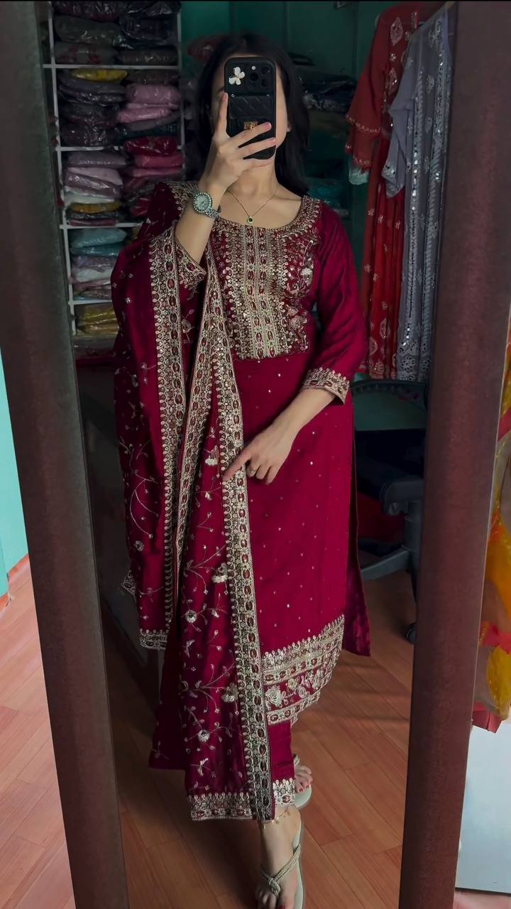 Maroon Premium Designer Readymade Suit Set Heavy Chinon Silk Clothsvilla Main image