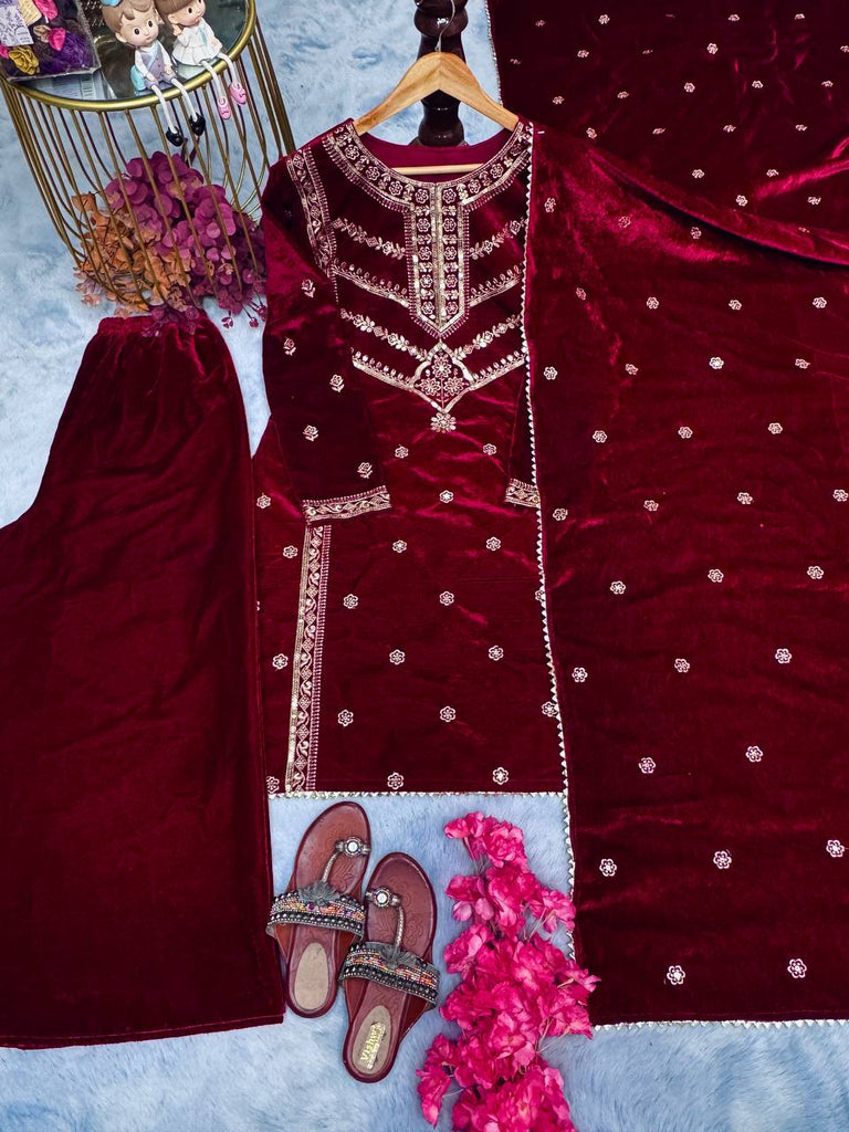 Maroon Premium Designer Readymade Top, Plazzo & Dupatta Set – Elegant Velvet Party Wear Collection Clothsvilla