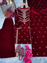 Load image into Gallery viewer, Maroon Premium Designer Readymade Top, Plazzo &amp; Dupatta Set – Elegant Velvet Party Wear Collection Clothsvilla