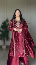 Load image into Gallery viewer, Maroon Premium Designer Readymade Top, Plazzo &amp; Dupatta Set – Elegant Velvet Party Wear Collection Clothsvilla