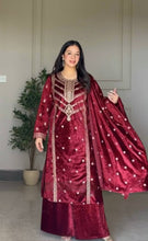 Load image into Gallery viewer, Maroon Premium Designer Readymade Top, Plazzo &amp; Dupatta Set – Elegant Velvet Party Wear Collection Clothsvilla