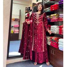 Load image into Gallery viewer, Maroon Premium Designer Readymade Top, Plazzo &amp; Dupatta Set – Elegant Velvet Party Wear Collection Clothsvilla