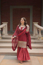 Load image into Gallery viewer, Maroon Premium Designer Readymade Top-Sharara-Dupatta Collection ClothsVilla