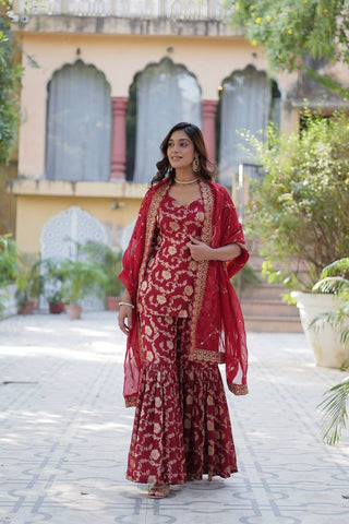 Maroon Premium Designer Readymade Top-Sharara-Dupatta Collection