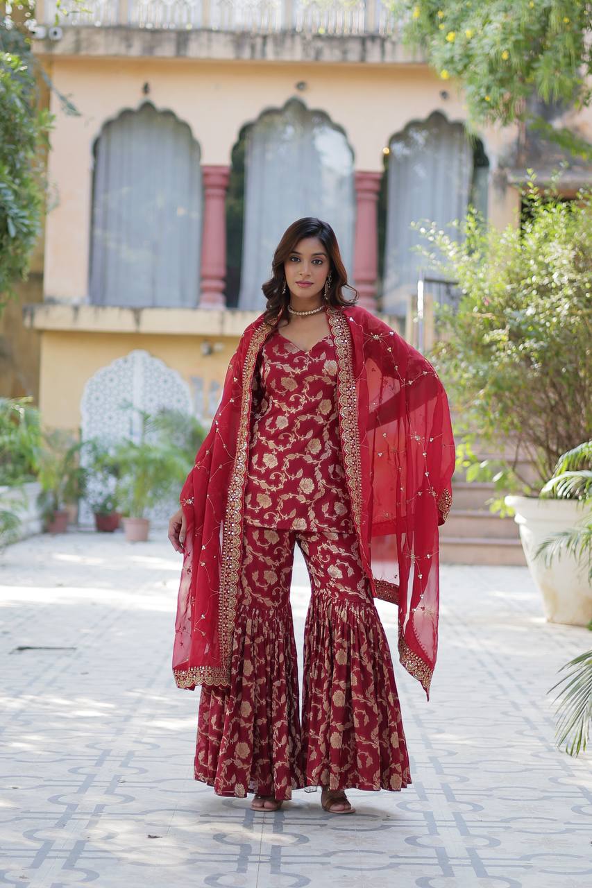Maroon Premium Designer Readymade Top-Sharara-Dupatta Collection