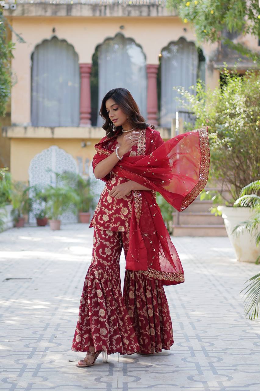 Maroon Premium Designer Readymade Top-Sharara-Dupatta Collection