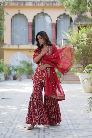 Maroon Premium Designer Readymade Top-Sharara-Dupatta Collection