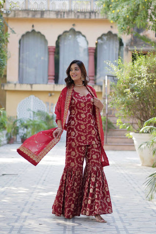 Maroon Premium Designer Readymade Top-Sharara-Dupatta Collection