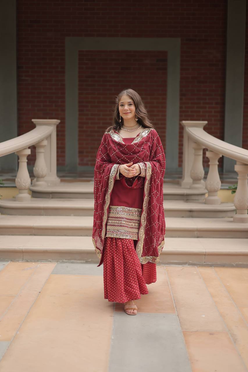 Maroon Premium Designer Readymade Top-Sharara-Dupatta Collection ClothsVilla Main image