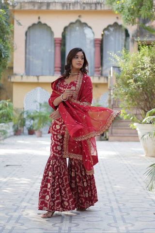 Maroon Premium Designer Readymade Top-Sharara-Dupatta Collection