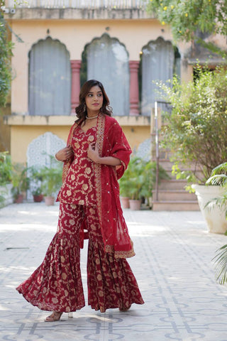 Maroon Premium Designer Readymade Top-Sharara-Dupatta Collection