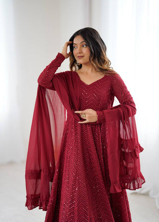 Maroon Premium Fox Georgette Lucknowi Sequence Work Anarkali Set ClothsVilla