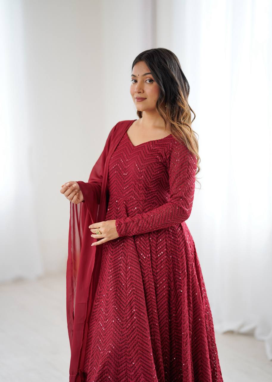 Maroon Premium Fox Georgette Lucknowi Sequence Work Anarkali Set ClothsVilla