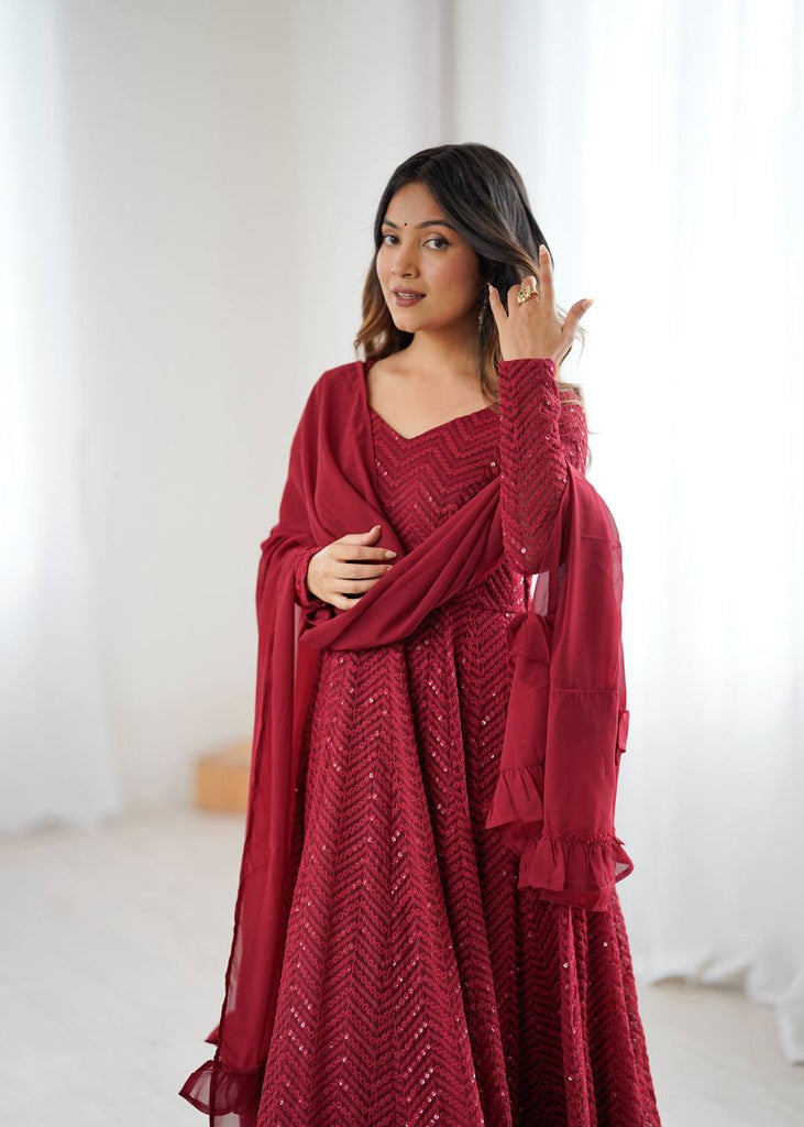 Maroon Premium Fox Georgette Lucknowi Sequence Work Anarkali Set ClothsVilla