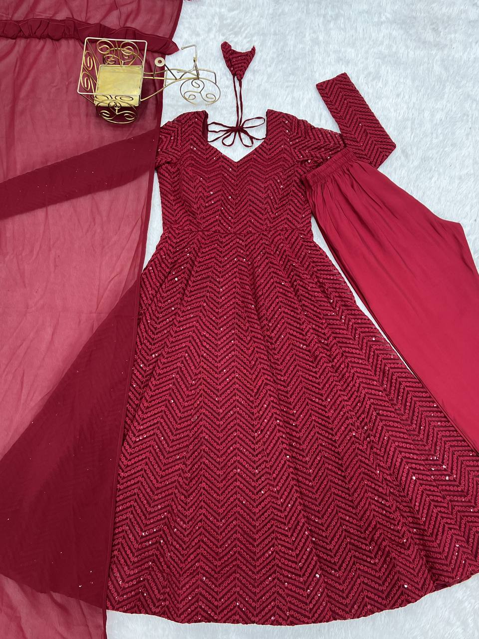 Maroon Premium Fox Georgette Lucknowi Sequence Work Anarkali Set ClothsVilla