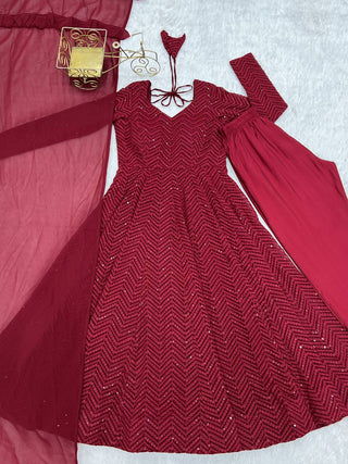 Maroon Premium Fox Georgette Lucknowi Sequence Work Anarkali Set ClothsVilla