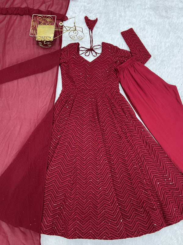 Maroon Premium Fox Georgette Lucknowi Sequence Work Anarkali Set ClothsVilla