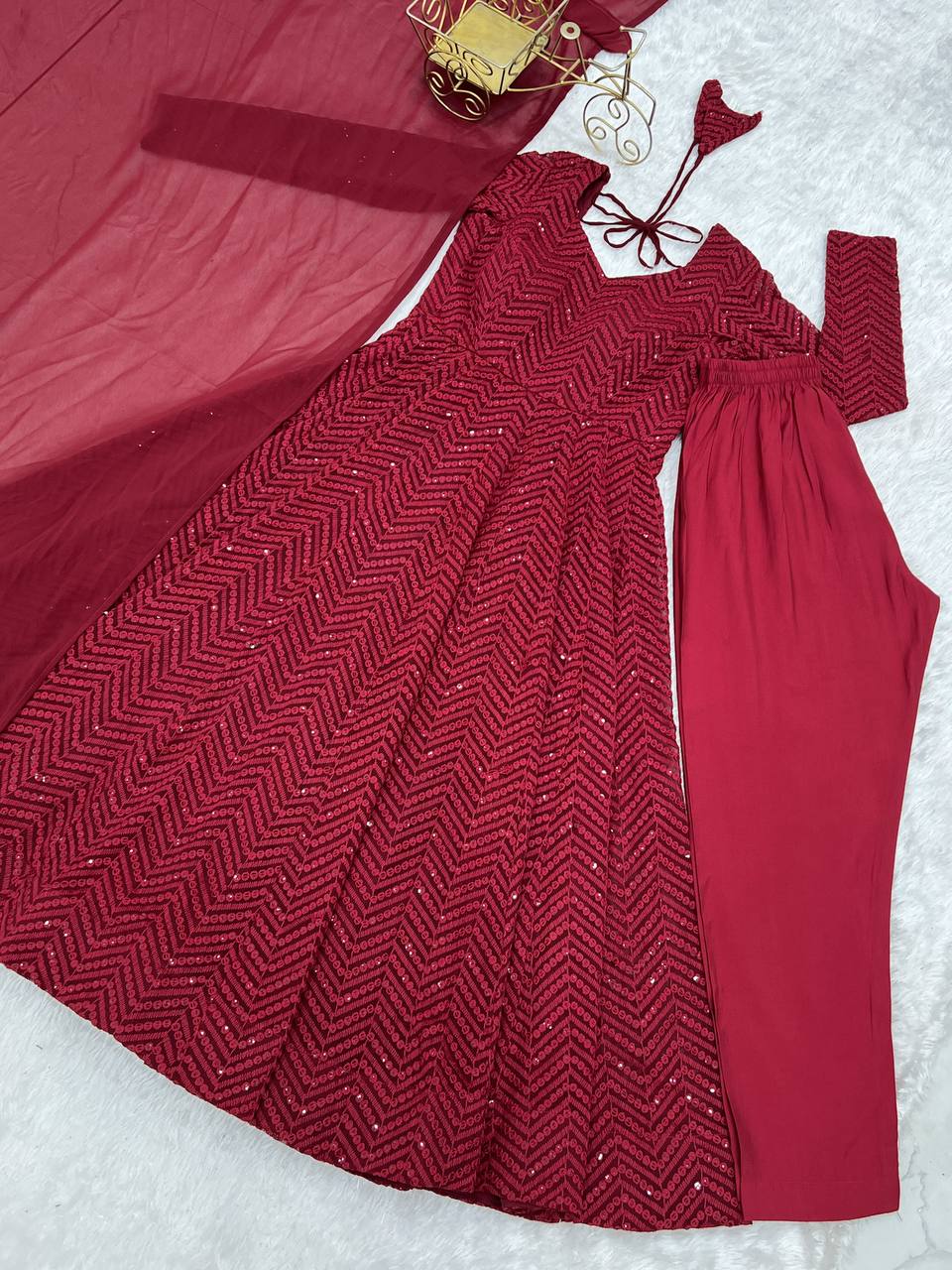 Maroon Premium Fox Georgette Lucknowi Sequence Work Anarkali Set ClothsVilla