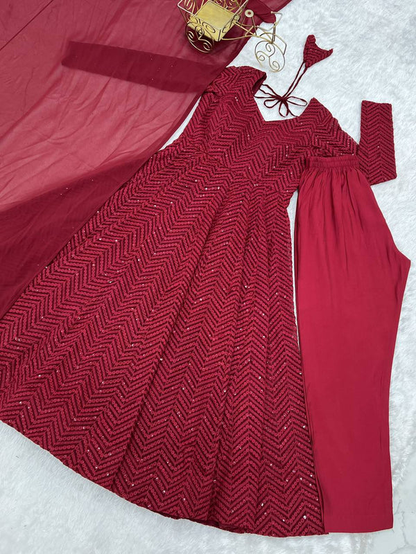 Maroon Premium Fox Georgette Lucknowi Sequence Work Anarkali Set ClothsVilla