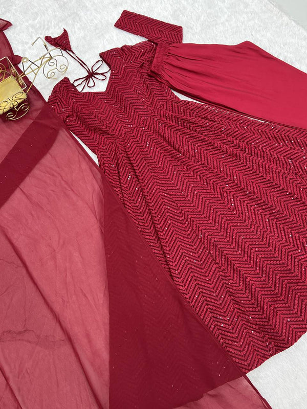 Maroon Premium Fox Georgette Lucknowi Sequence Work Anarkali Set ClothsVilla