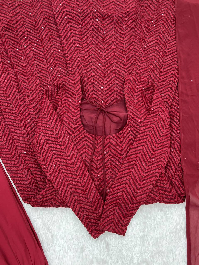 Maroon Premium Fox Georgette Lucknowi Sequence Work Anarkali Set ClothsVilla