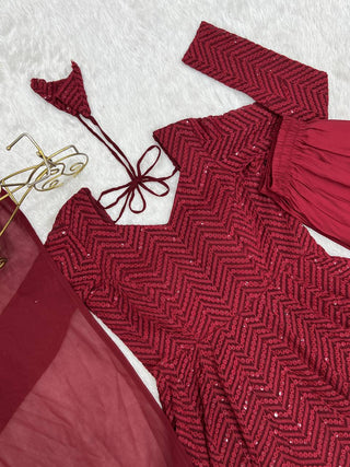 Maroon Premium Fox Georgette Lucknowi Sequence Work Anarkali Set ClothsVilla