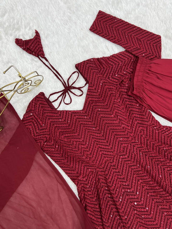 Maroon Premium Fox Georgette Lucknowi Sequence Work Anarkali Set ClothsVilla