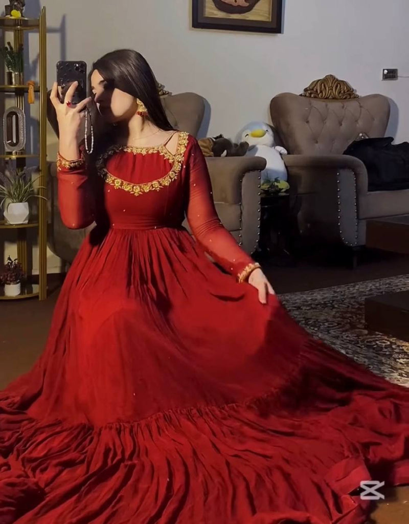 Maroon Premium Heavy Faux Georgette Embroidered Gown Set with Dupatta & Bottom – Full Stitched ClothsVilla