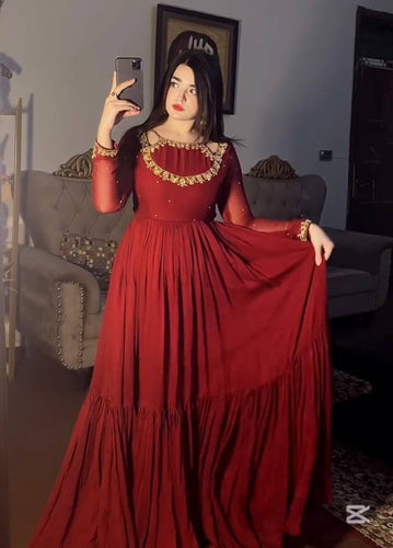 Maroon Premium Heavy Faux Georgette Embroidered Gown Set with Dupatta & Bottom – Full Stitched ClothsVilla
