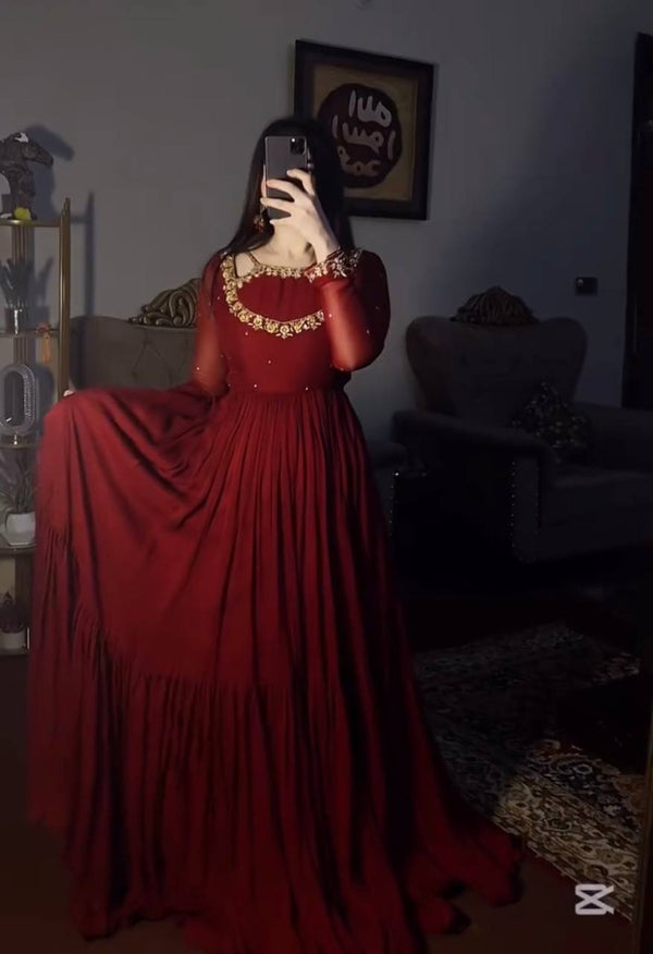 Maroon Premium Heavy Faux Georgette Embroidered Gown Set with Dupatta & Bottom – Full Stitched ClothsVilla