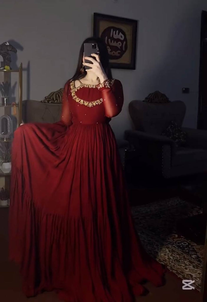 Maroon Premium Heavy Faux Georgette Embroidered Gown Set with Dupatta & Bottom – Full Stitched ClothsVilla