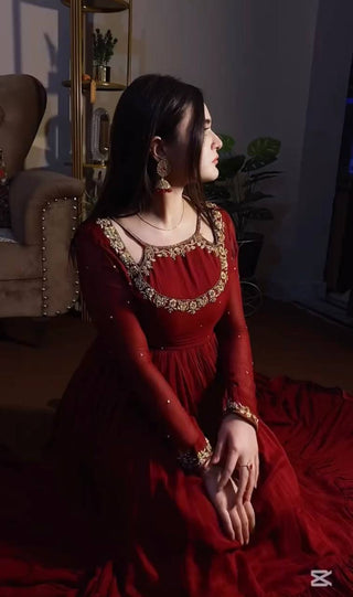 Maroon Premium Heavy Faux Georgette Embroidered Gown Set with Dupatta & Bottom – Full Stitched ClothsVilla