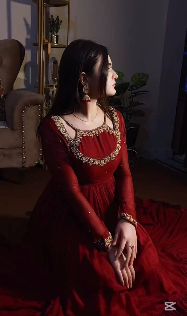 Maroon Premium Heavy Faux Georgette Embroidered Gown Set with Dupatta & Bottom – Full Stitched ClothsVilla
