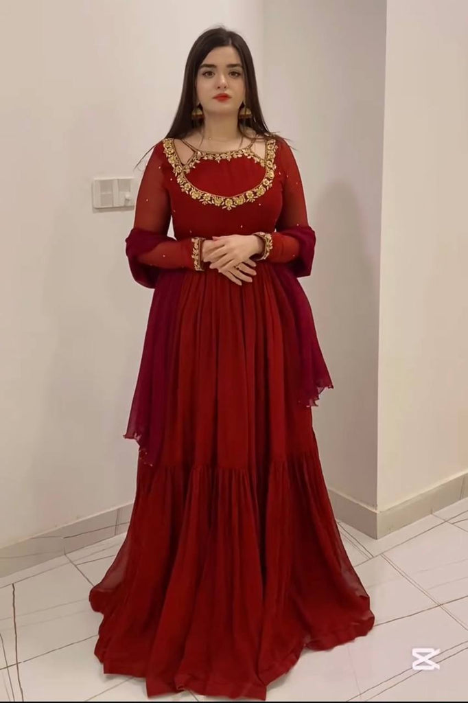 Maroon Premium Heavy Faux Georgette Embroidered Gown Set with Dupatta & Bottom – Full Stitched ClothsVilla