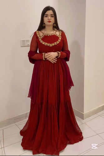 Maroon Premium Heavy Faux Georgette Embroidered Gown Set with Dupatta & Bottom – Full Stitched ClothsVilla