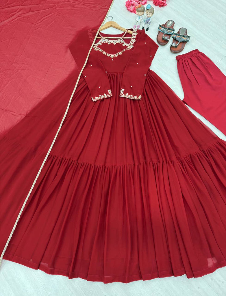 Maroon Premium Heavy Faux Georgette Embroidered Gown Set with Dupatta & Bottom – Full Stitched ClothsVilla