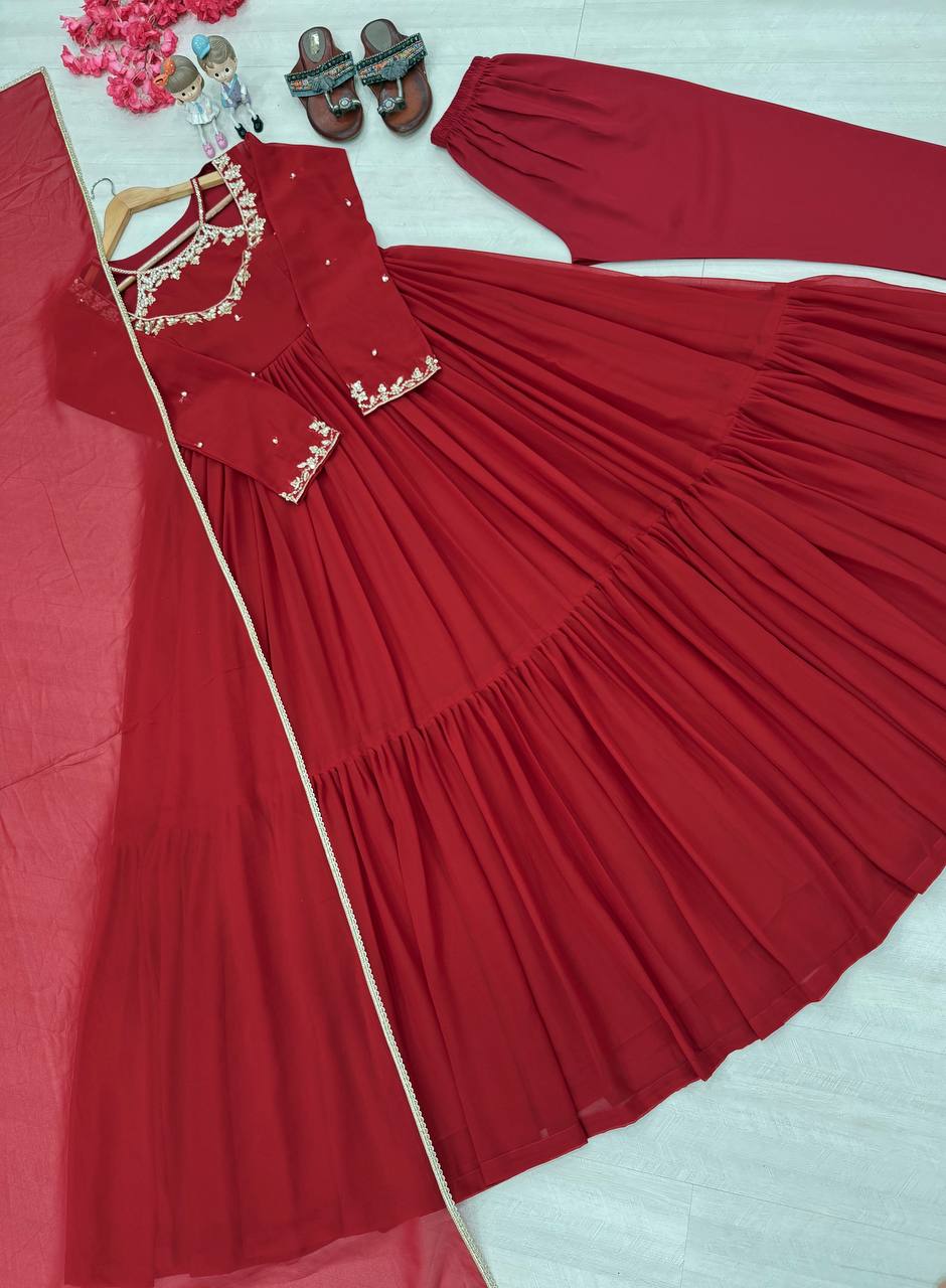 Maroon Premium Heavy Faux Georgette Embroidered Gown Set with Dupatta & Bottom – Full Stitched ClothsVilla