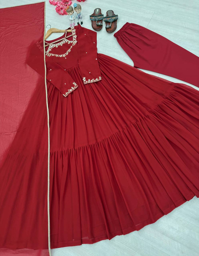 Maroon Premium Heavy Faux Georgette Embroidered Gown Set with Dupatta & Bottom – Full Stitched ClothsVilla