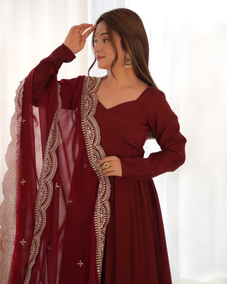 Maroon Premium Quality Pure Romansilk Chanderi Anarkali Gown with Dupatta & Pant Set - Ready to Wear