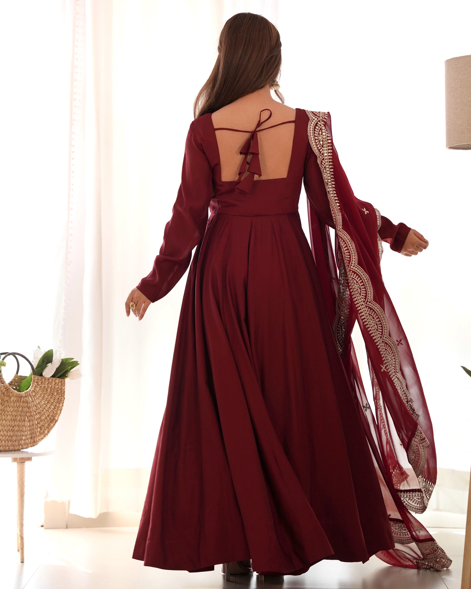 Maroon Premium Quality Pure Romansilk Chanderi Anarkali Gown with Dupatta & Pant Set - Ready to Wear