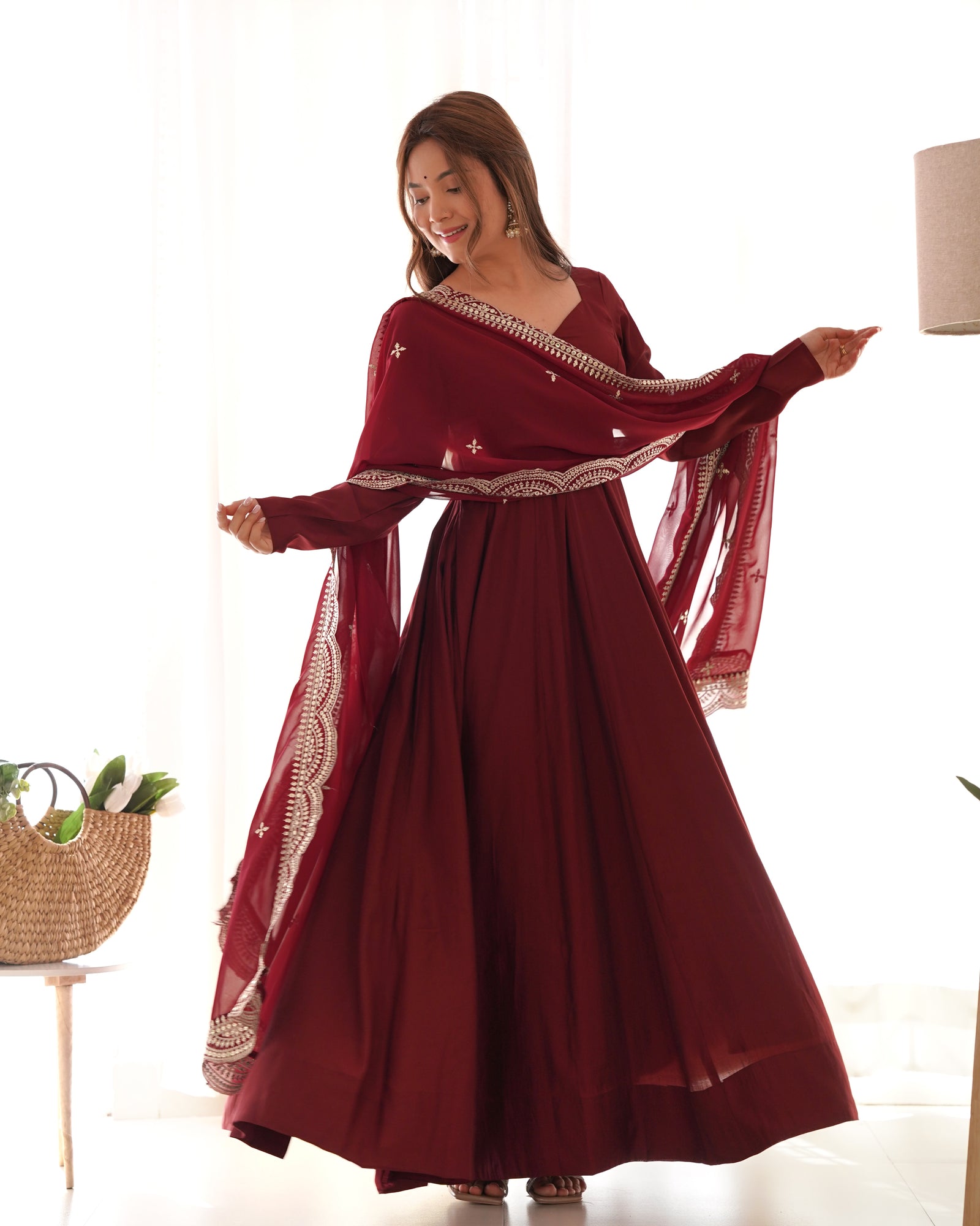 Maroon Premium Quality Pure Romansilk Chanderi Anarkali Gown with Dupatta & Pant Set - Ready to Wear