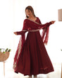 Load image into Gallery viewer, Maroon Premium Quality Pure Romansilk Chanderi Anarkali Gown with Dupatta &amp; Pant Set - Ready to Wear