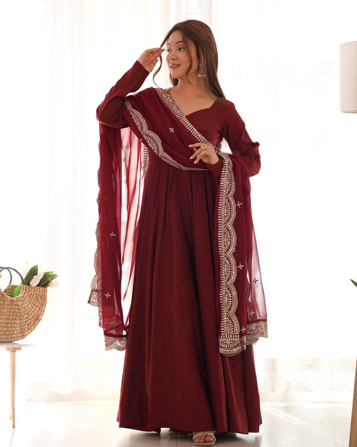 Maroon Premium Quality Pure Romansilk Chanderi Anarkali Gown with Dupatta & Pant Set - Ready to Wear Main image