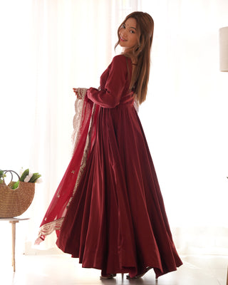 Maroon Premium Quality Pure Romansilk Chanderi Anarkali Gown with Dupatta & Pant Set - Ready to Wear