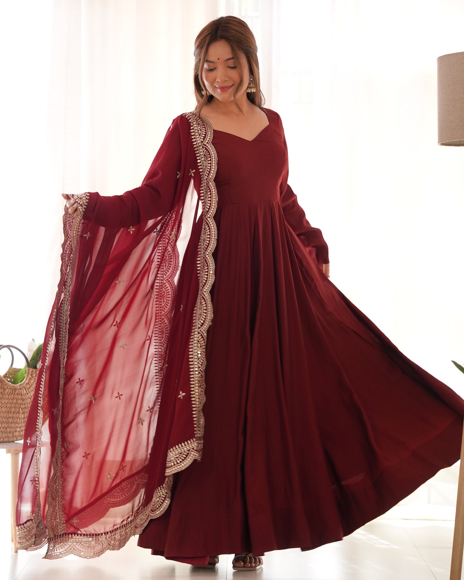 Maroon Premium Quality Pure Romansilk Chanderi Anarkali Gown with Dupatta & Pant Set - Ready to Wear